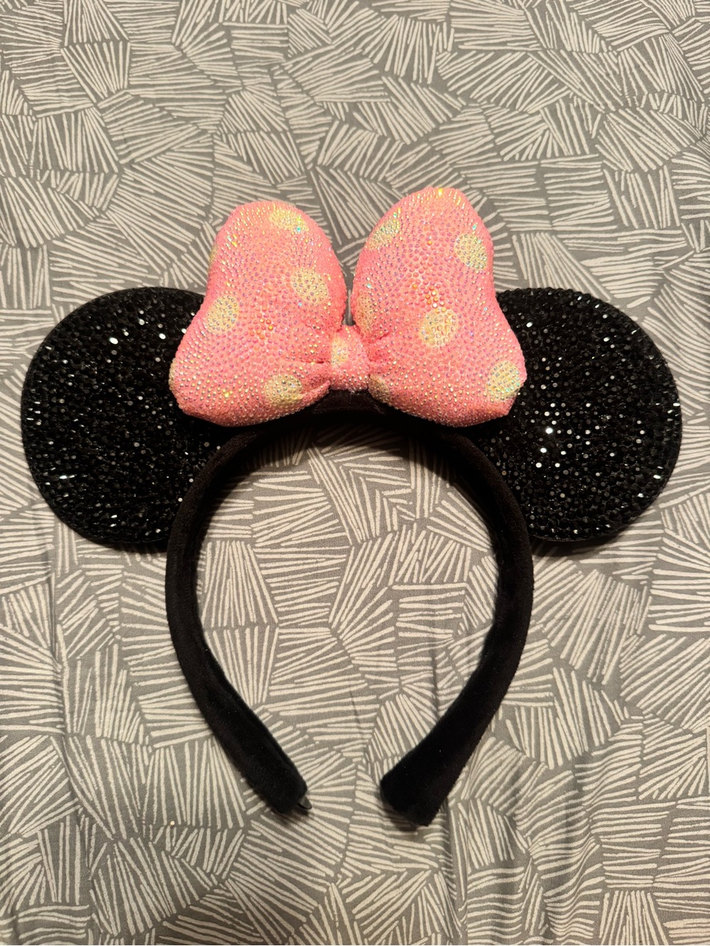 Bedazzled Minnie Ear Headband with Pink Polka Dot Bow